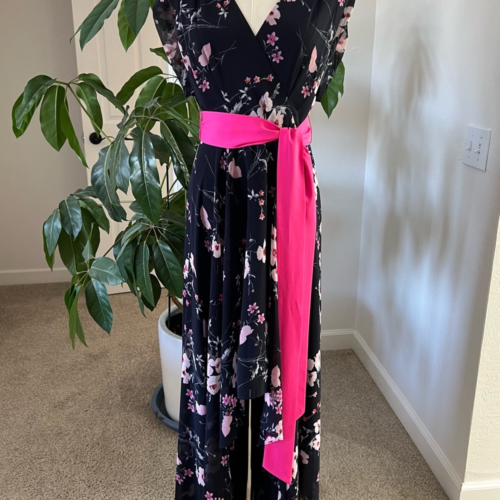 Eliza J Navy and Pink Floral Flutter Sleeve Midi Dress